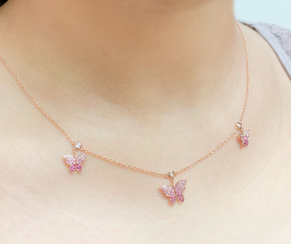 14kt rose gold diamond and pink sapphire 3-butterfly necklace - Image 2