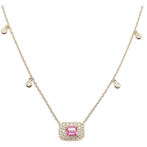 14kt yellow gold diamond and pink sapphire necklace